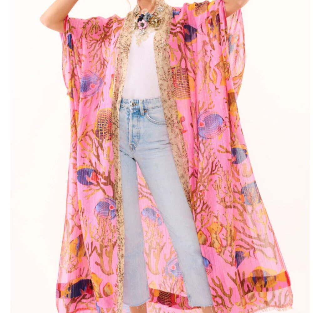 Boho Pink Printed Sheer Kimono Tunic